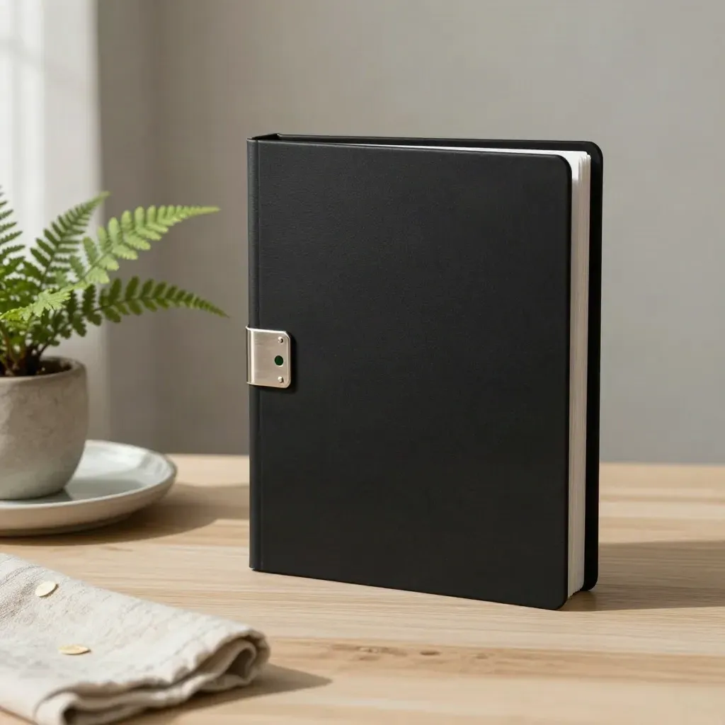 Matte black fund launch binder with clasp beside a ceramic dish, fern, and folded linen on pale wood.